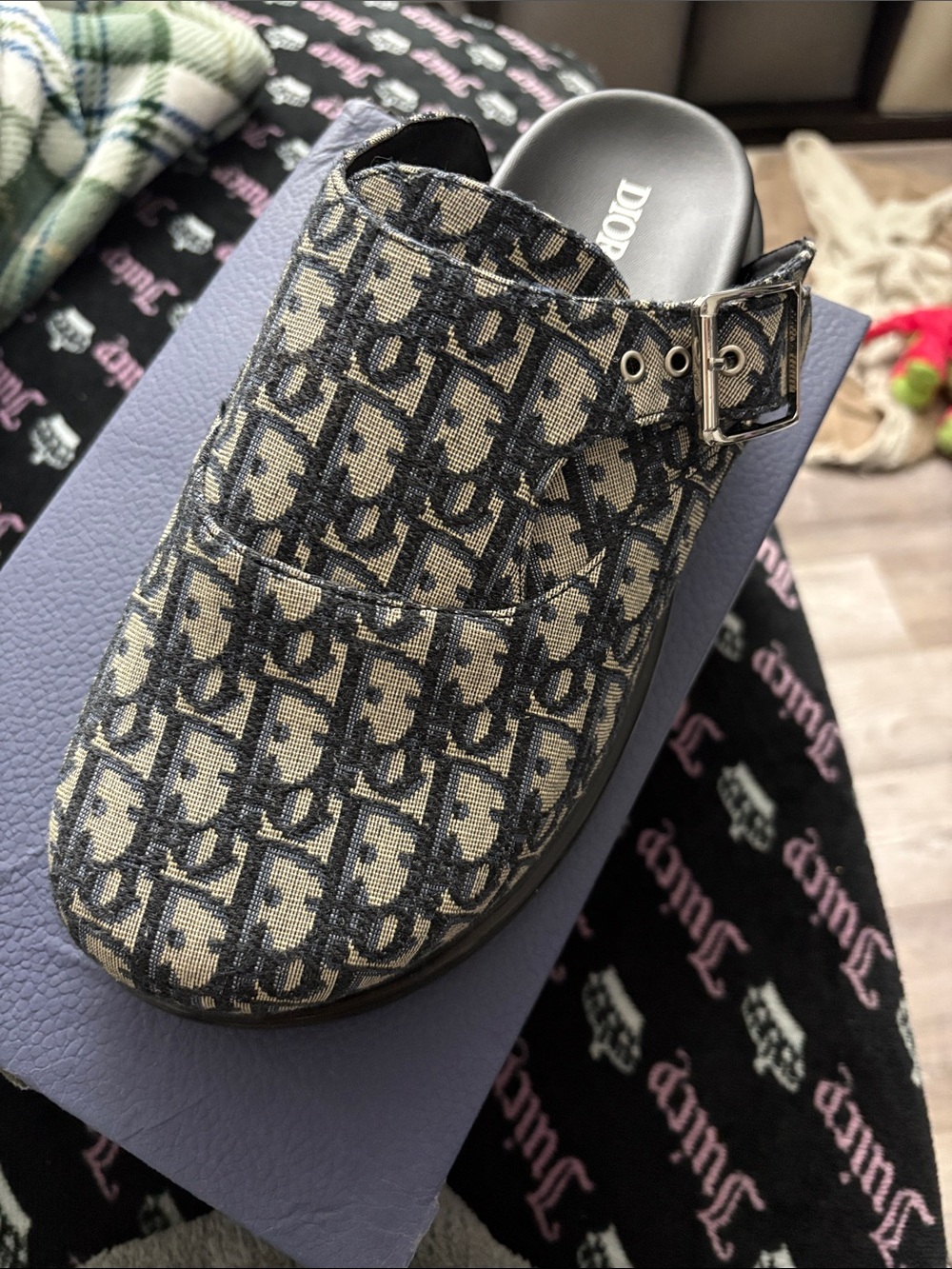 New Dior Monogram Slide Mule in Navy and Beige Canvas